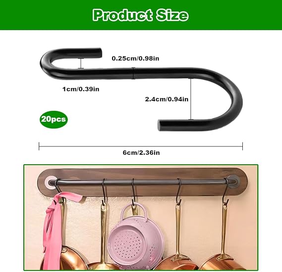 S Hooks, 20 Pcs Stainless Steel Meat Hooks, 6.5cm Large S Shaped Hook | Multifunction and for Hanging Clothes & Towel for Home Kitchen Workshop Office Bathroom and Bedroom (Black)