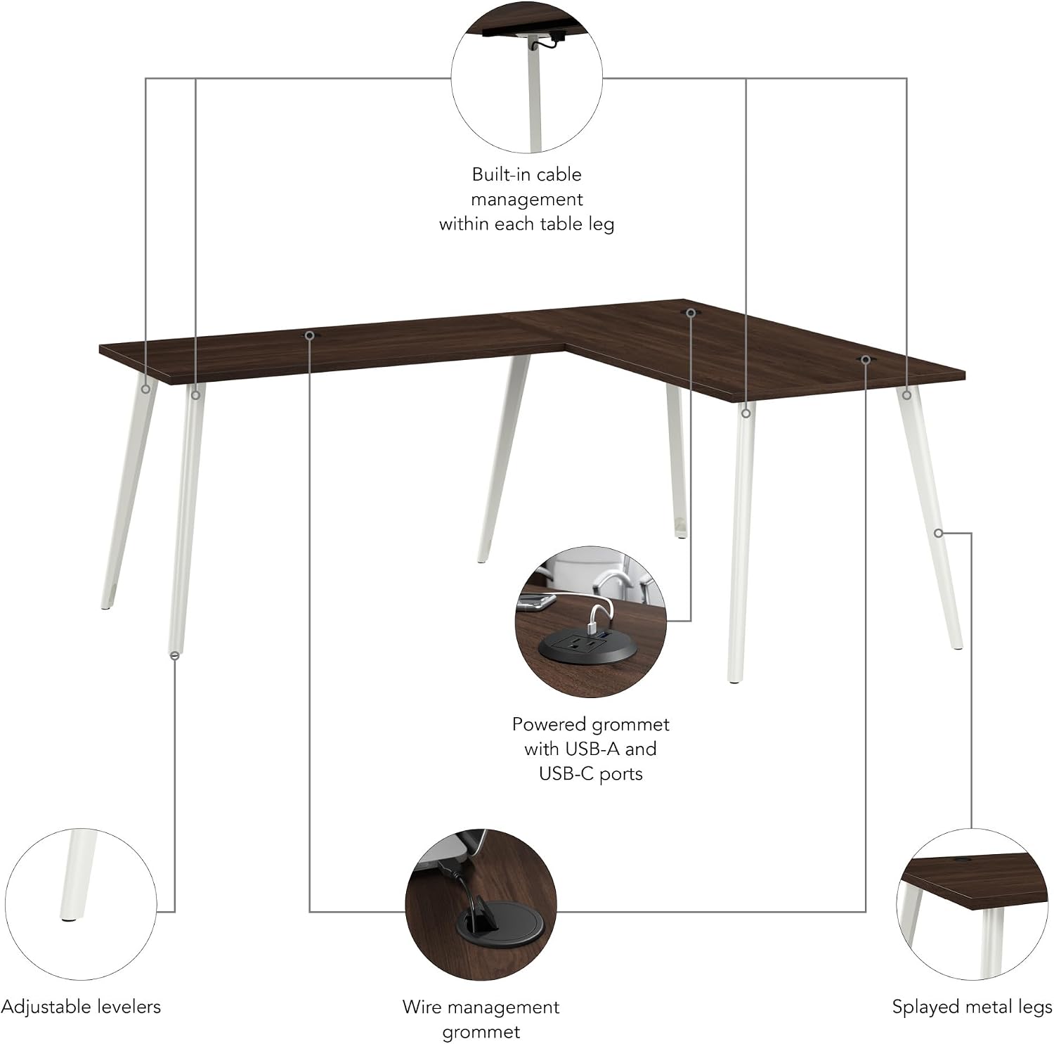 Bush Business Furniture L Shaped Computer Desk, 60 Inch Gaming Corner Table for Home Office, Commercial-Grade with Splayed Metal Legs, Vista Collection, Modern, Dark Brown/White