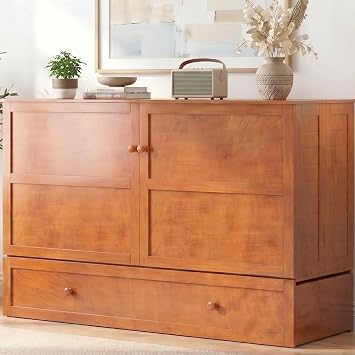 Mjkone Queen Murphy Bed Cabinet with Tri-Fold Mattress Included, Storage & Charging Station & Headboard Side Panel, 63"W Wood Murphy Cabinet Chest Beds, Guest Wall Bed for Living Room, Bedroom, Cherry