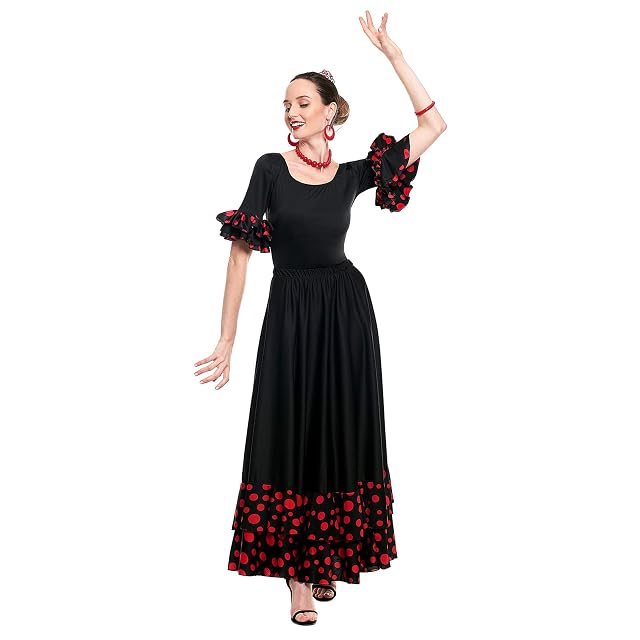 Foto 2 de 2 de Falda Flamenca Mujer Negra Lunares Rojos Volante Doble Negro [Tallas Adulto S a XXL]【Talla S】 Ensayo Baile…