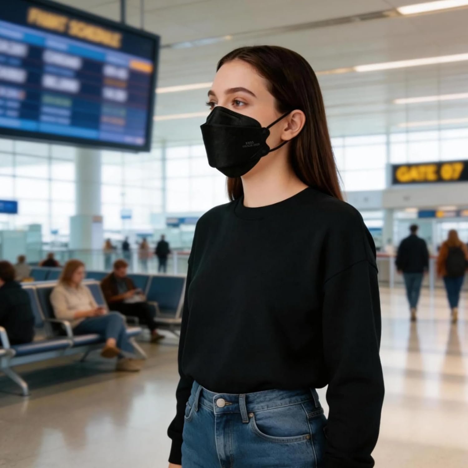 KN95 Face Masks Black 50 Pack for Adults, Breathable Disposable with Elastic Ear Loops