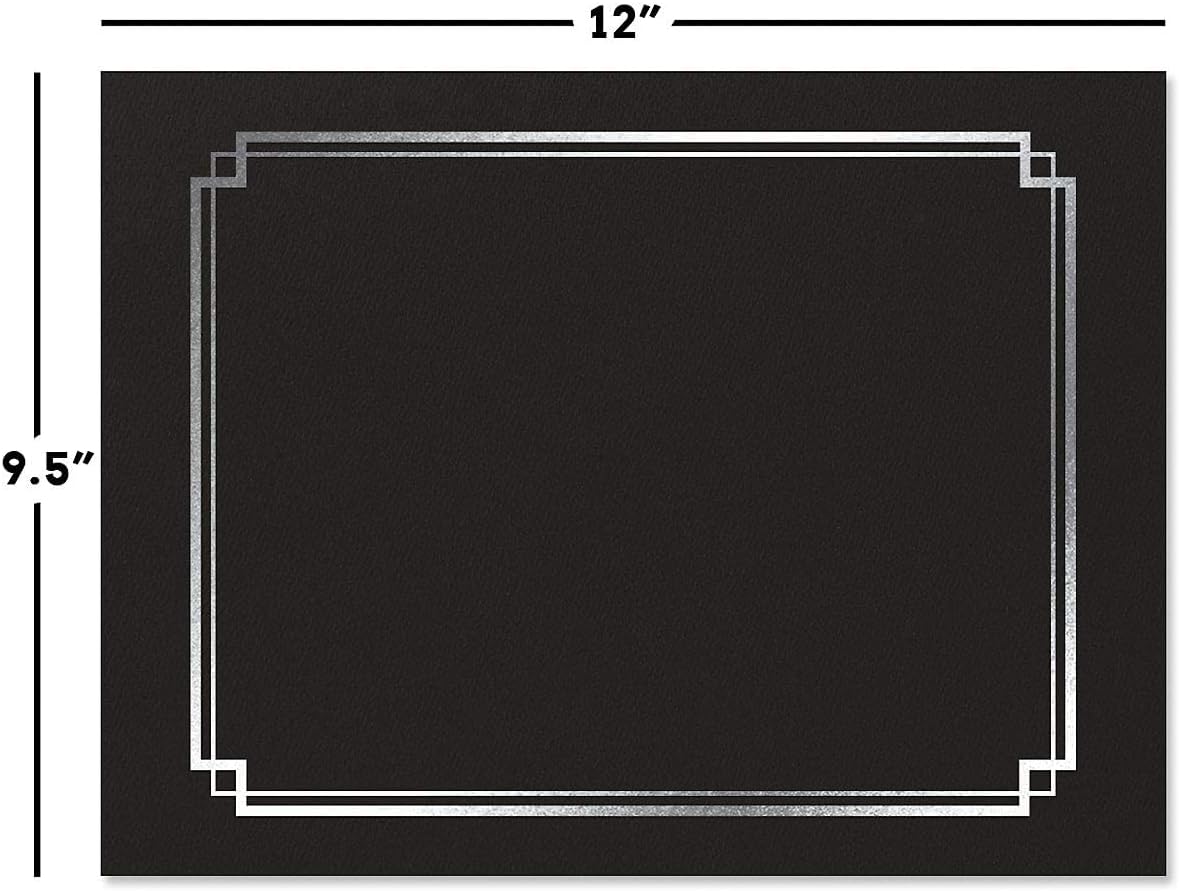 Classic Black & Silver Certificate Folders- Packs 25, Linen Cover 80 lb. Stock, Folded, Die-Cut Corners, for Office, Business Awards, Graduation, School Diploma Holder, 9-1/2" x 12"