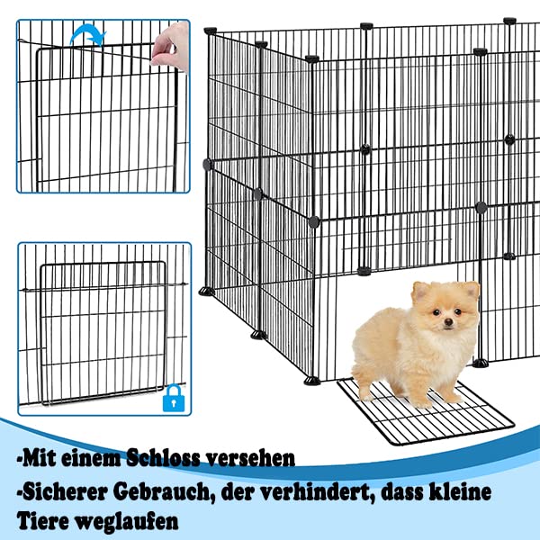 LILIIN 12PCS Freilaufgehege, Freigehege für Kaninchen, Meerschweinchen Käfig, Kleintiergehege mit Tür, Gehege für Kleintiere, Hasen, Frettchen, Igel 142 x 72 x 36 cm,Schwarz
