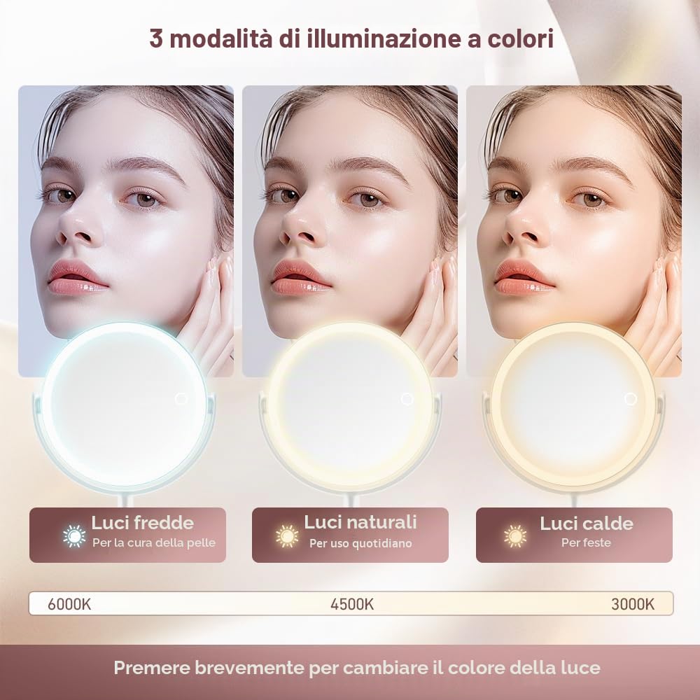 Specchio da trucco con illuminazione, specchio ingranditore 20x con 3 luci colorate, specchio cosmetico con ingrandimento con interruttore bifacciale, specchio ingranditore con luce per camera da