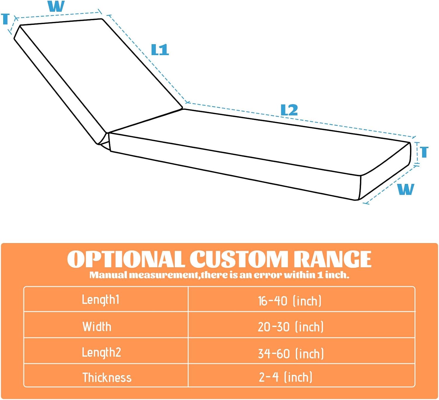 Custom Chaise Lounge Cushions, Personalized Size&Water-Resistant Polyester Fabric Fit Outdoor Patio Furniture, Pools, Hot Tubs, Patios Large Size