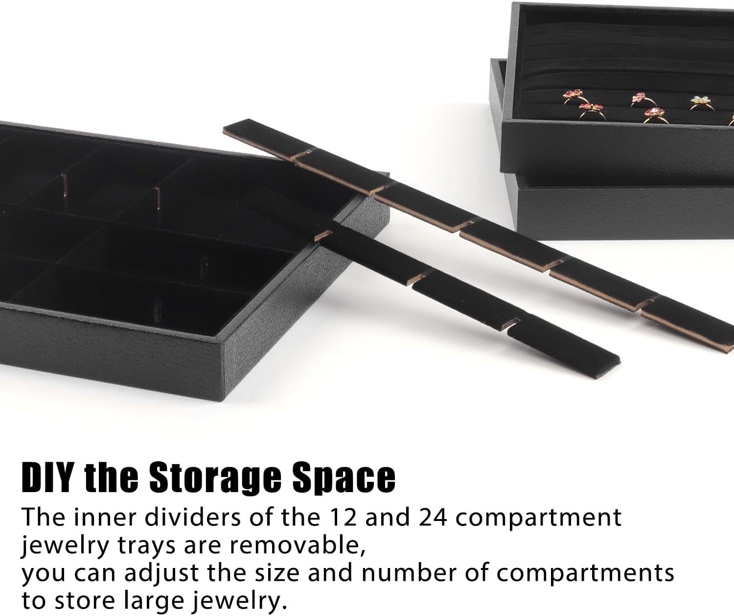 Rocutus Jewelry Trays,3 Pack Stackable Velvet Jewelry Organizer Tray Drawer Jewelry Storage Tray,Divided Ring Organizer Tray for Earrings, Necklaces, Bracelets,13.8"x9.5"x1.2" (Black) - Image 3