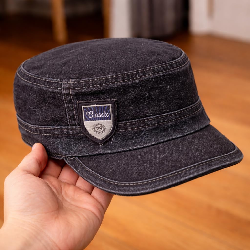 Nephar Men’s Denim Cap | Classic Flat Top Casual Hat | Blue | Free Size | Pack of 1 (Black) 4