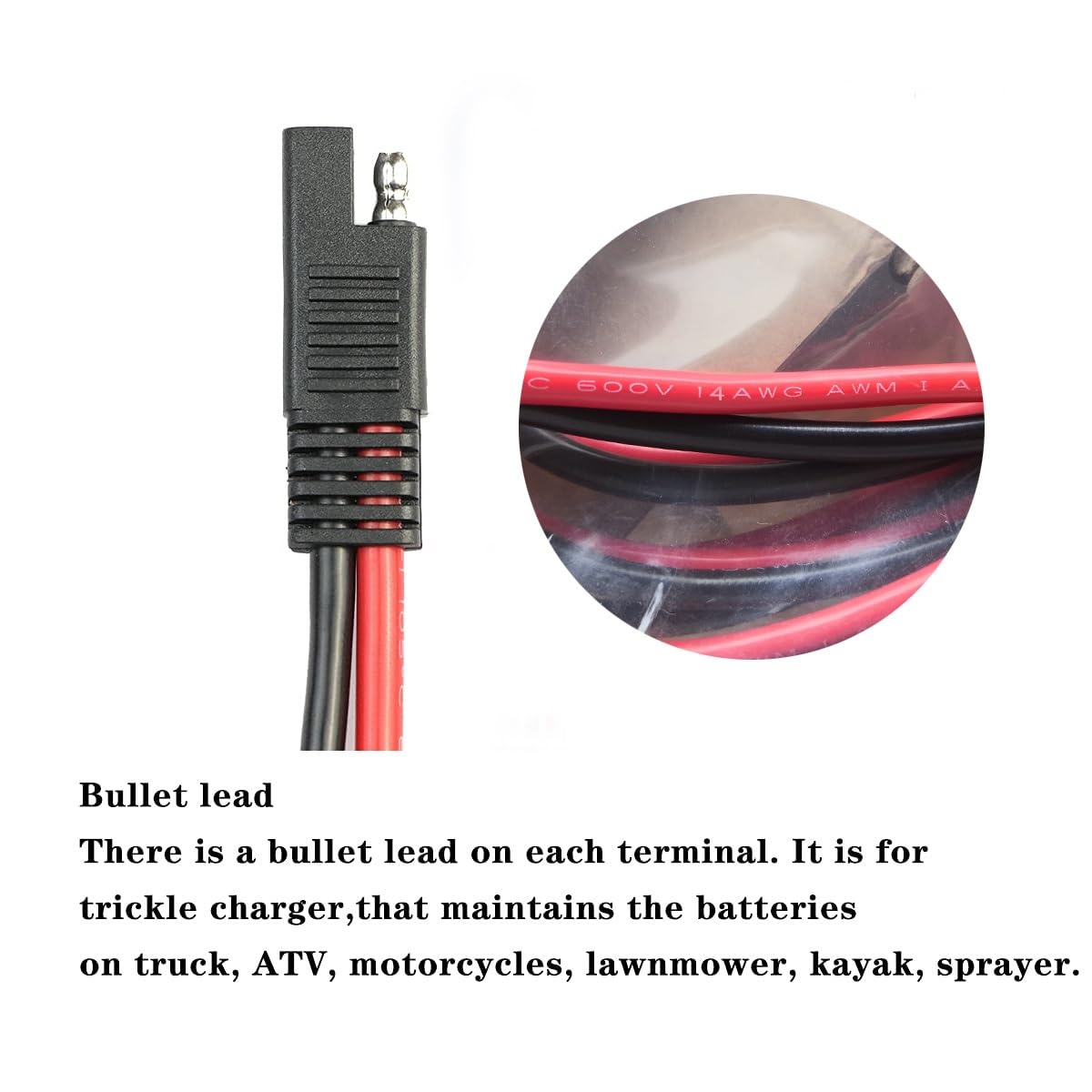 5 Pack 14 Gauge Quick Disconnect Wire Harness SAE Connector Bullet Lead Cable for Motorcycle Boat Car Tractor - 12in Red and Black Wire