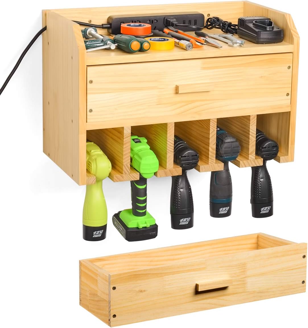🔥 Hot Deals Power Tool Organizer and Storage, Drill Charging Station Storage Wall Mount Drill Holder for 5 Drill, Cordless Drill Storage with Drawer for Screwdriver, Wrench (Solid Wood)