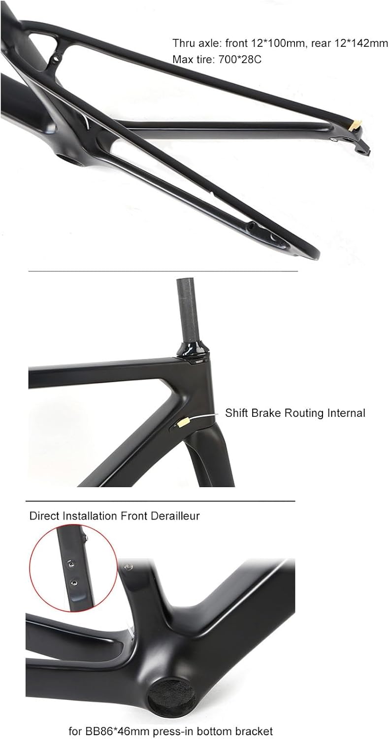 TUJISEK Carbon Fiber 700C Road Bikes Frame 46/48/50/52CM Frameset with Fork + Seatposts + Headset Disc Brake Thru Axle 12 * 142mm XC Racing Frame Routing Internal