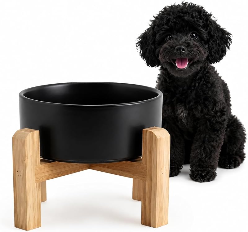 Elevated/Raised Ceramic Dog Bowl with Bamboo Stand，6 Inch 3.6 Cups Non Slip Heavy Weighted Single Pet Dish, for Small Medium Breed & Cats,Reduces Neck Strain Black