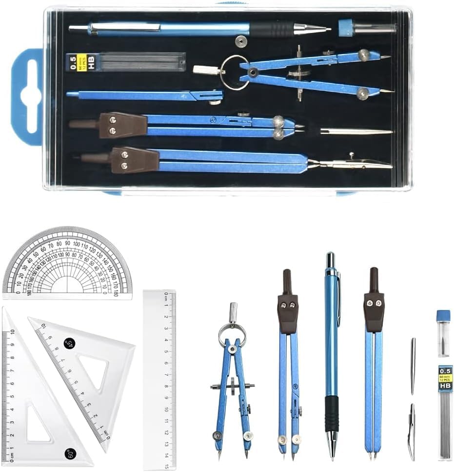 Ojanoot 13pcs Math Geometry Kit Set, Geometry Set for Students, Math Protractor Compass Drafting Tools with Shatterproof Storage Case Protractor Triangle Ruler Set for Architect Engineer Students