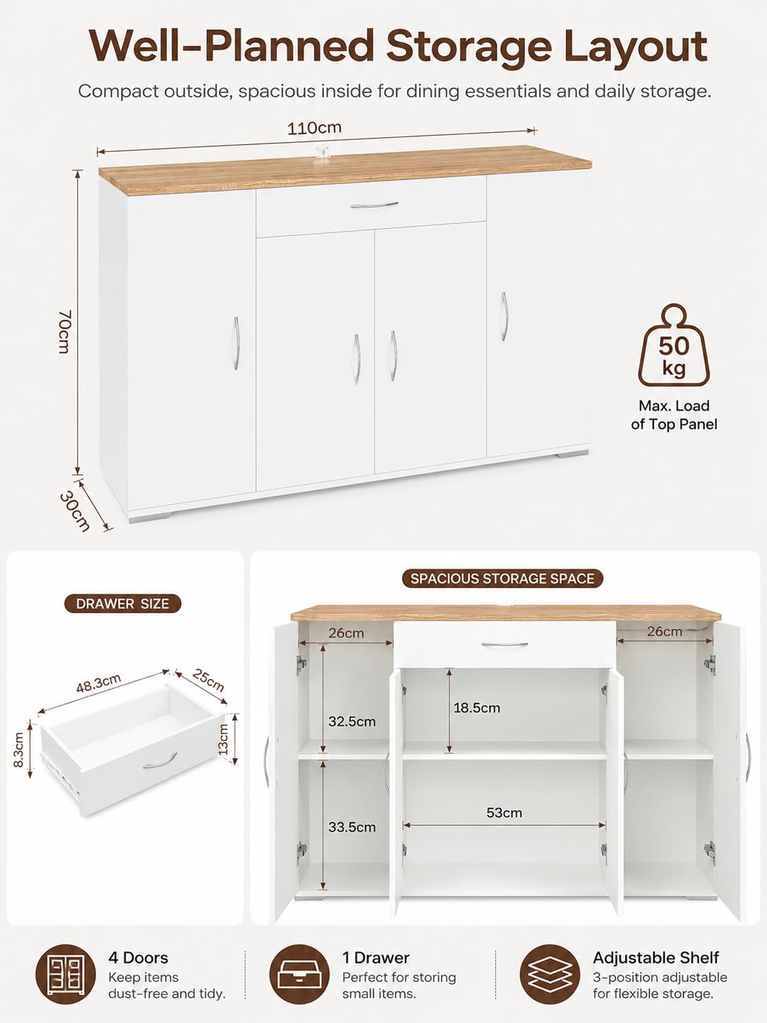 Hitsuki Credenza Sala da Pranzo Bianca con 4 Ante e 1 Cassetto 110×30×70cm | Credenza con 4 ante e 1 cassetto, spazio pratico per organizzare stoviglie, posate e accessori nella sala da pranzo