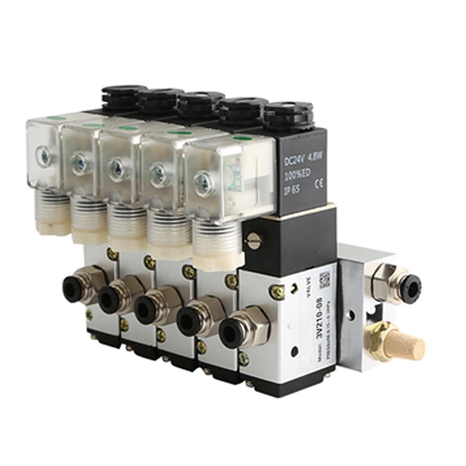 Bloque de electroválvula neumática 3V210-08 con silenciador, base de montaje, colector, 2/3/4/5/6, 3 puertos, 1 unidad(2 Row 8mm fitting,DC24V)