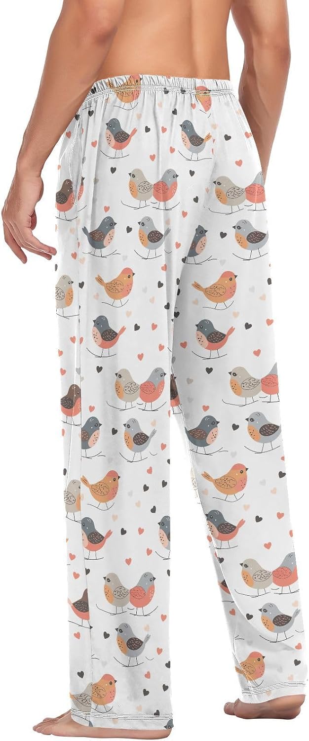 ALAZA Cute Birds Hearts Men's Sleepwear Mens Pajama Pants Bottoms with Pockets, S