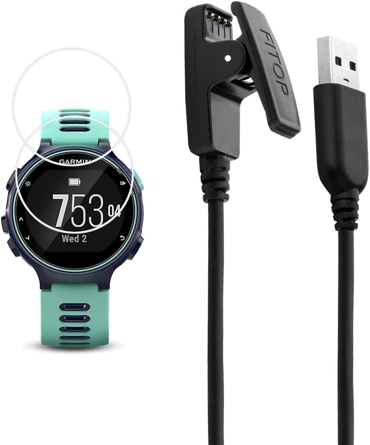 Compatible with Garmin Forerunner 735xt Charger Charging Clip Synchronous Data Cable and 2Pcs Free HD Tempered Glass Screen Protector Replacment Charger