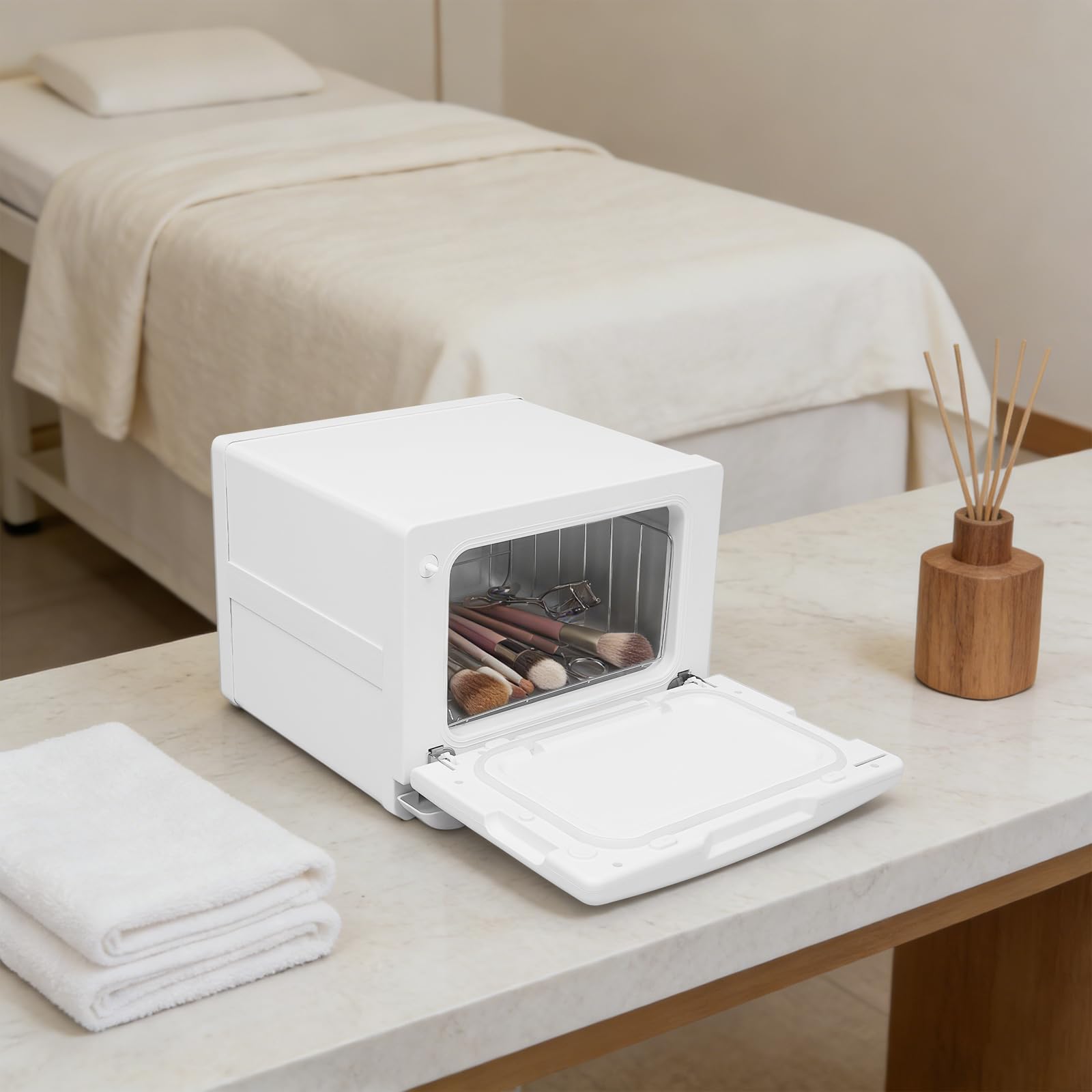 Handtuchwärmer 8L, 130W Handtuchheizkörper Elektrisch | Towel Warmer mit Warenkorb, 30,5×30,5×24,5 cm Handtuchheizschrank für Friseursalon & Kosmetikstudio