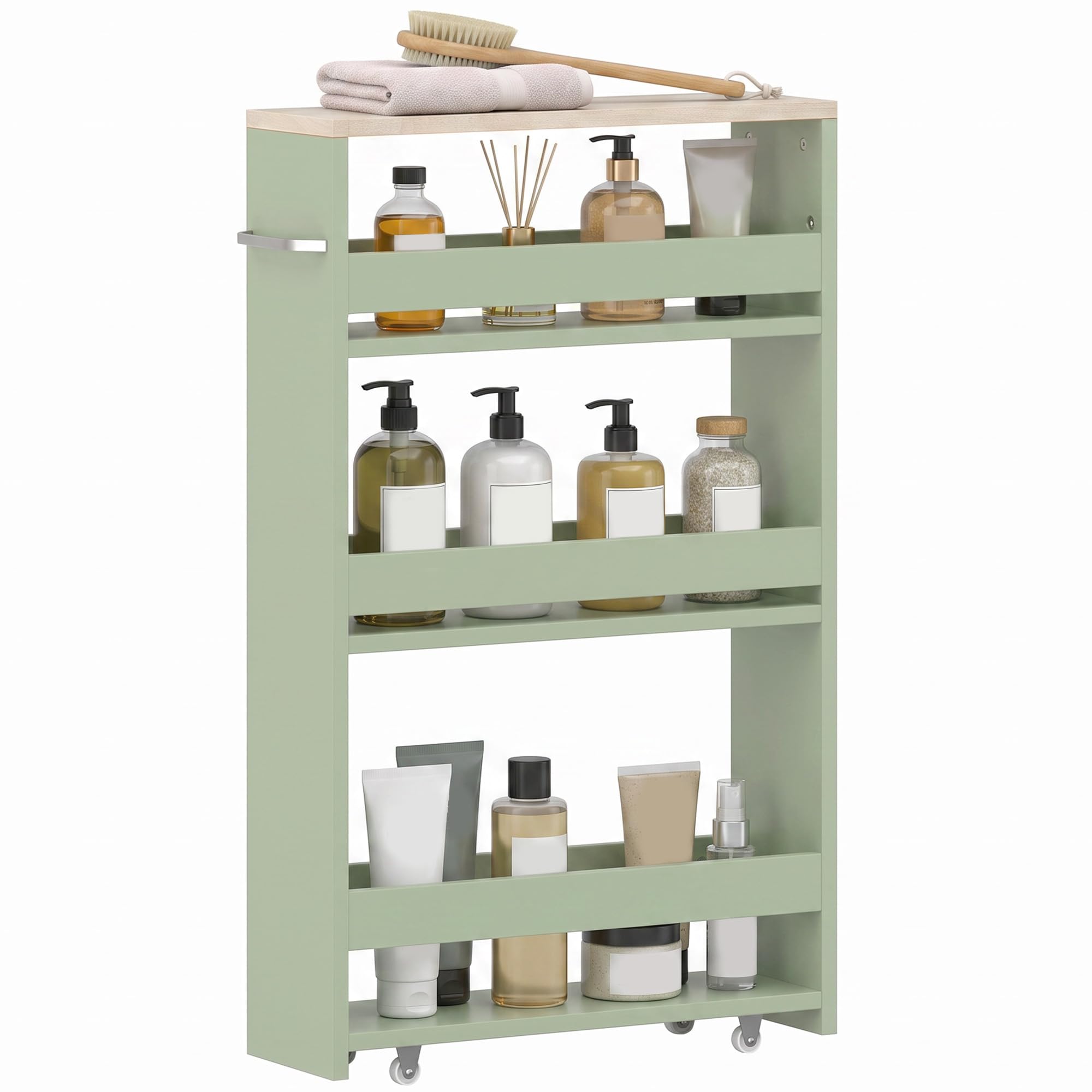 kleankin Aufbewahrungswagen mit 3 Ebenen, Aufbewahrungswagen, Regal auf Rollen, für Küche, Badezimmer, Waschküche, Büro mit Griff – 48 x 15 x 80 cm, Grün