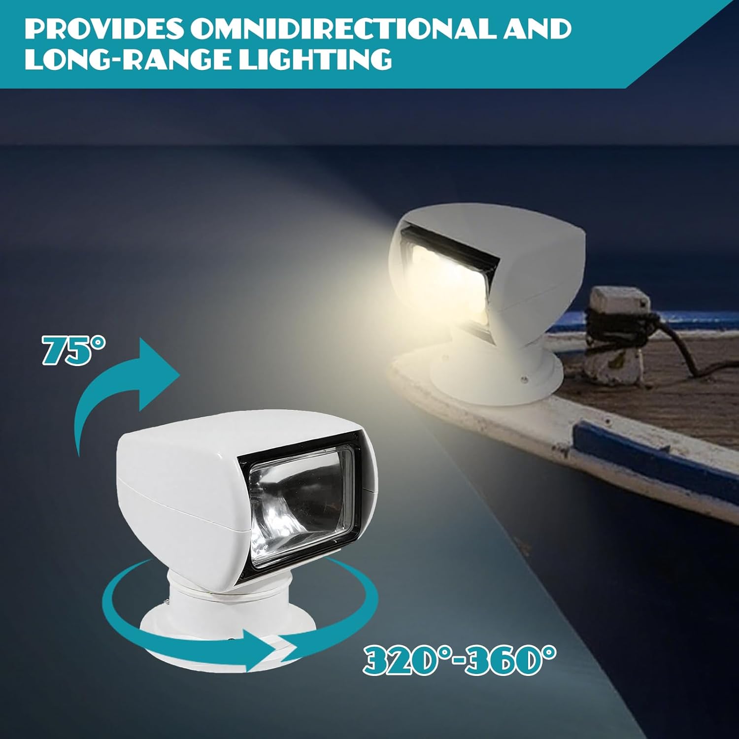 Boat Spotlight 12V 100W Marine 360° Remote Control Searchlight, Long Range Halogen Deck Light for Navigation, Night Fishing, Search & Rescue, Truck, Vehicle Work Light