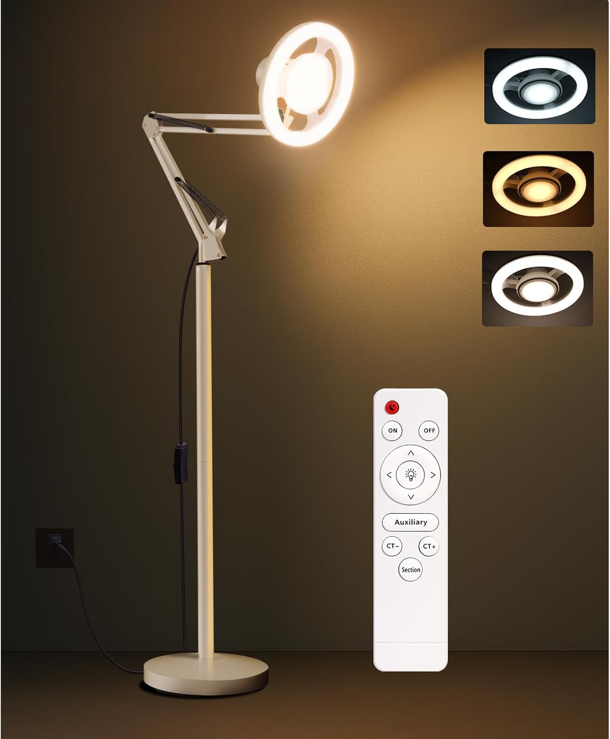 36W Floor Lamp with Flexible Arm, 3 Colors Ring Light with Heavy-Duty Base & Remote, Standing Lamp for Living Room/Workspace/Tattoo/Live Streaming/TikTok/YouTube/Photography