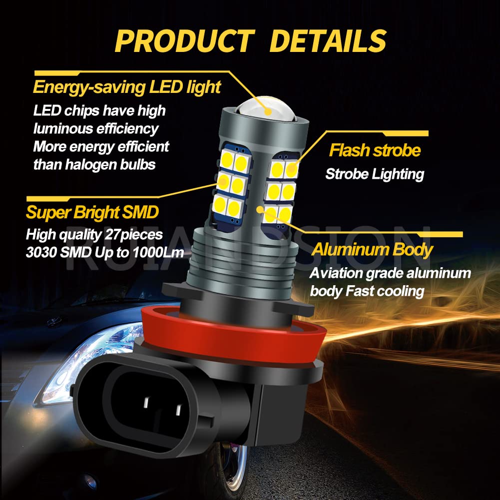 Ruiandsion H8 H11 LED Luci fendinebbia Lampeggianti Strobe Bianco 12V Super Luminose 3030 27SMD Chip LED Lampadine Sostitutive per Luci diurne o fendinebbia (Confezione da 2)