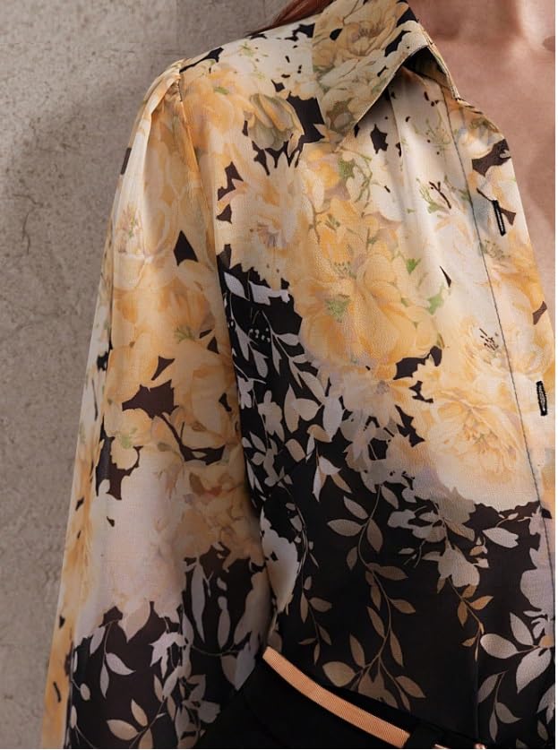 Image of Women Shirt || Women Top ||Autumn Leaves Print Polo Collar Shirt, Casual Long Sleeve (S-22-25)