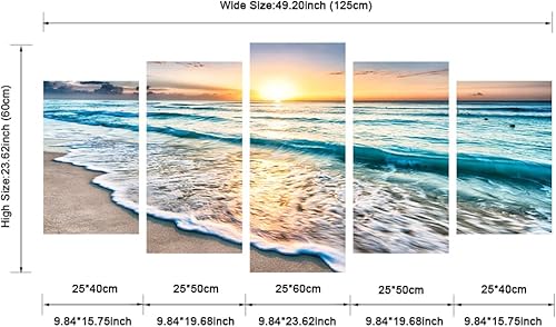 Miniatura 6 de Pyradecor 5 paneles azul playa amanecer ola blanca imágenes pintura sobre lienzo arte de pared moderno paisaje marino Giclée impresiones sobre