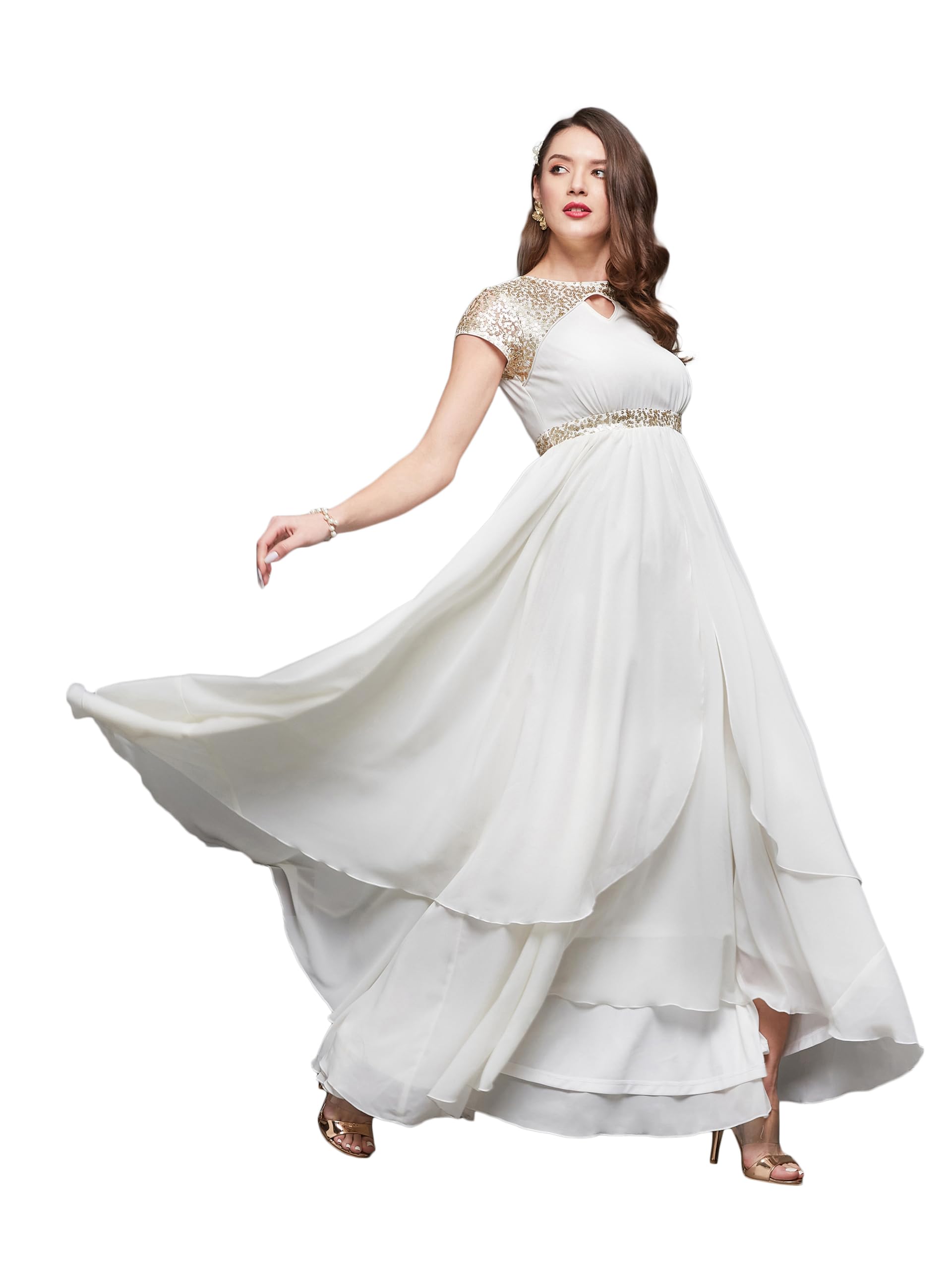 miss chase Women's Keyhole Neck Short Sleeve Embellished LayeGeorgette Maxi Dress (MCAW22D99-88-LMF-02, Oat White, XS)-picture-11