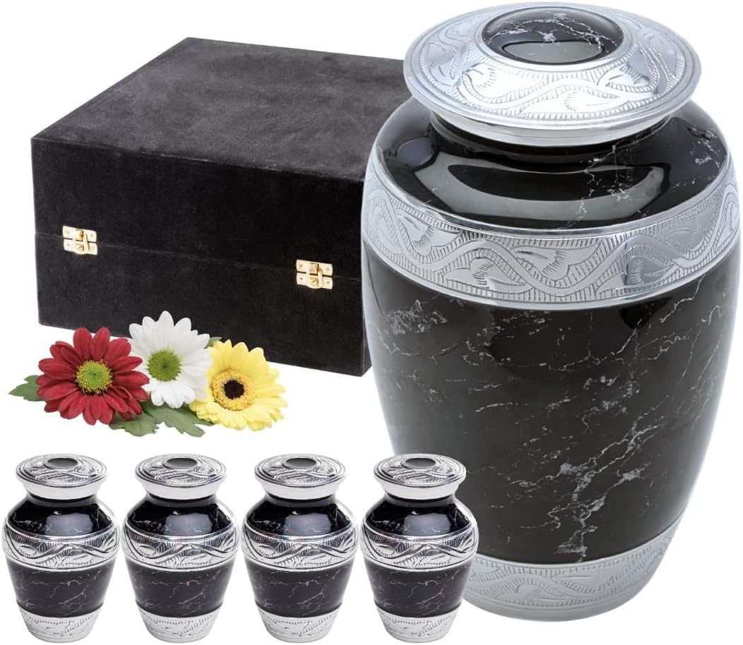 Cremation Urns for Human Ashes Adult Male & Female — Large Urn with 4 Small Keepsake Urns Set, Aluminum Funeral Memorial Urn w/Velvet Case, Black — GR8 Keepsakes