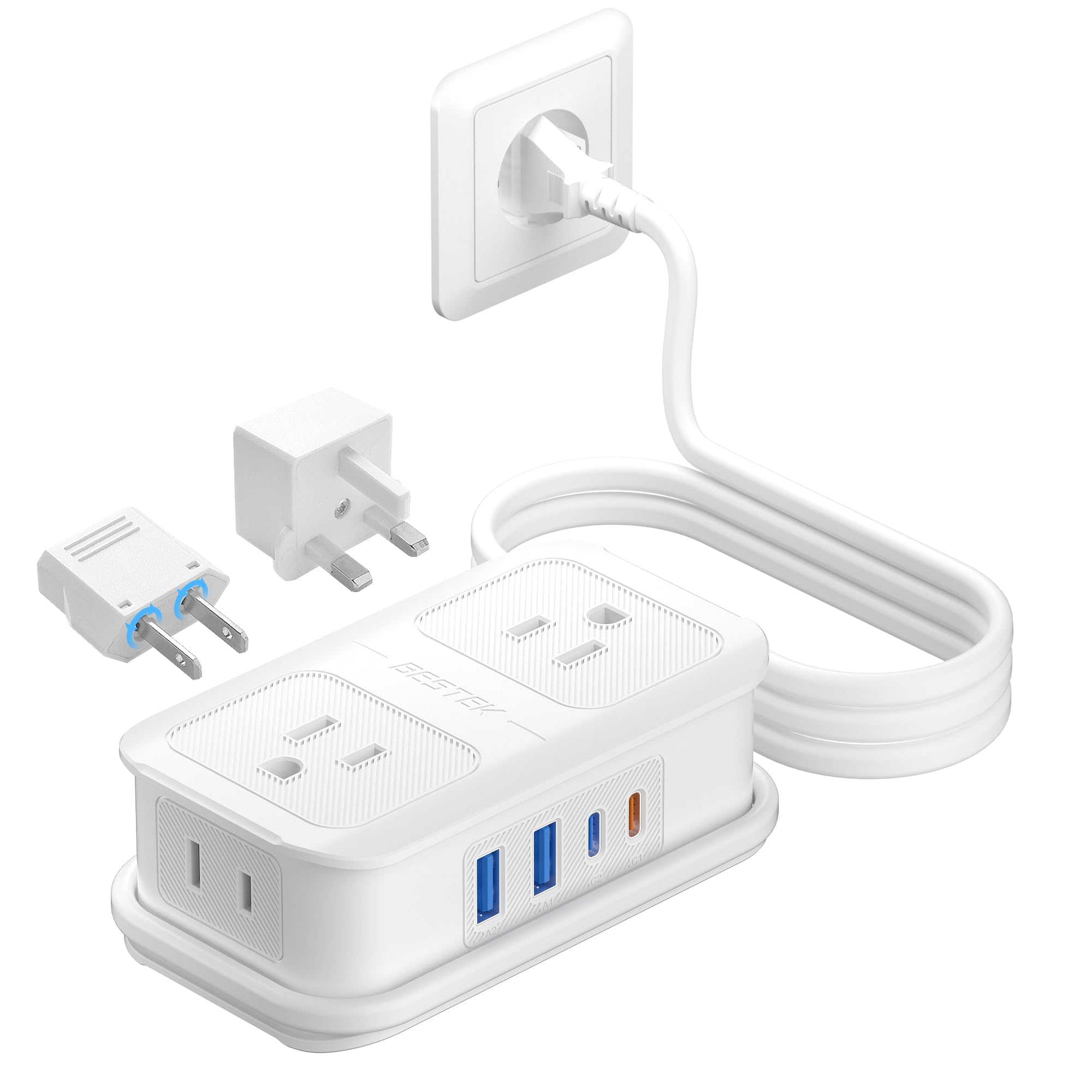 BESTEK European Travel Plug Adapter: - 4 Outlets 4 USB Ports (2 USB C) with 3.6FT Wrapped Short Extension Cord, Small Portable Desktop Charging