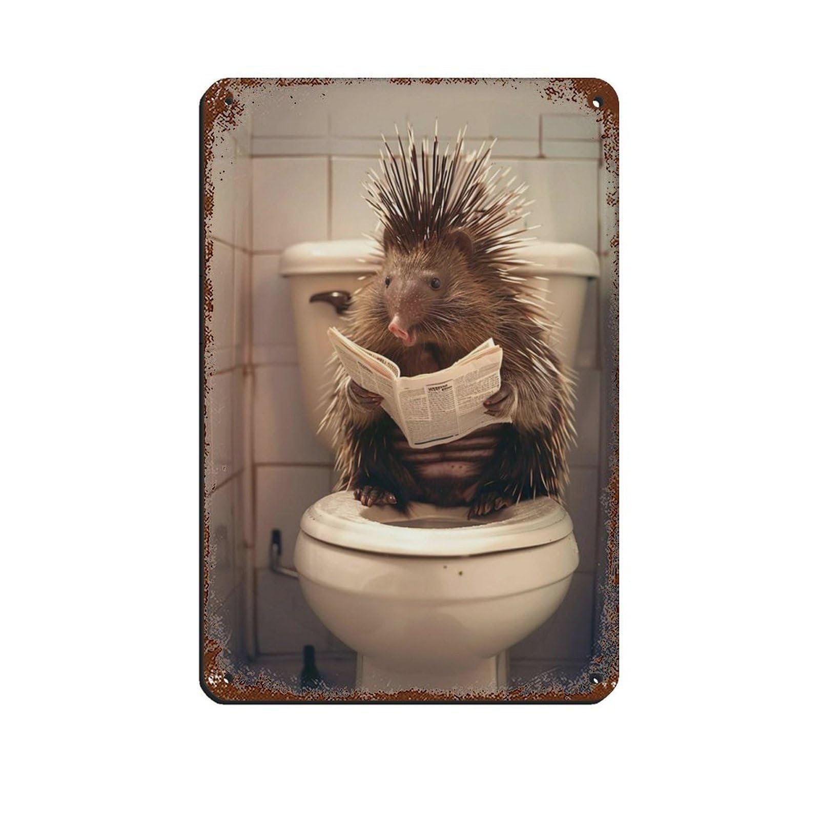 Porcupine Sitting on The Toilet Reading A Newspaper (7) Retro Poster Metal Tin Sign Chic Art Retro Iron Painting Bar People Cave Cafe Family Garage Poster Wall Decoration 8x12inch(20x30cm)