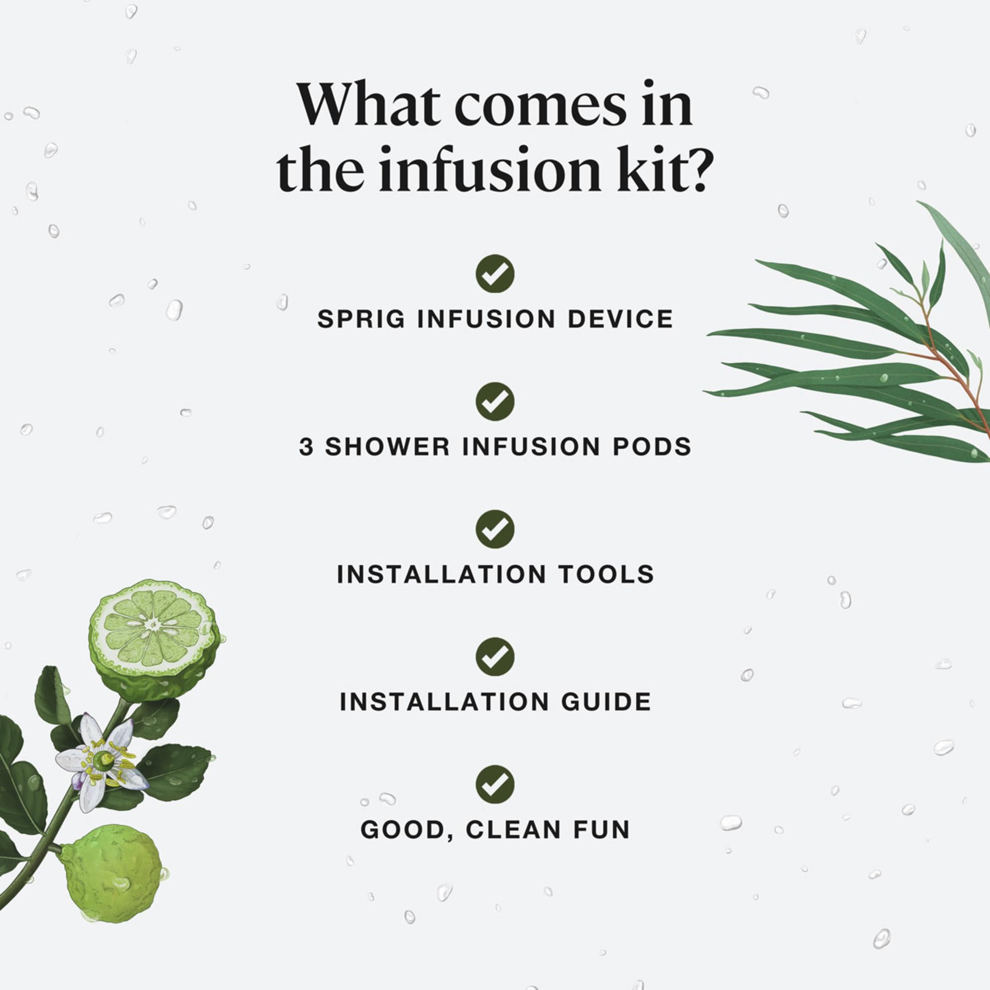 Sprig by Kohler Kit de démarrage pour infusion de douche, aromathérapie propre, ingrédients pour la peau et les cheveux, blanc/chrome