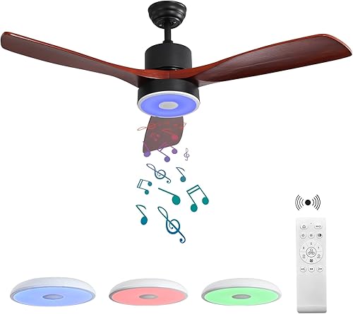Miniatura 8 de Ventilador de techo con acabado chapado de 52 pulgadas con luz LED de atenuación RGB, con altavoz Bluetooth de música, control remoto, regulación de