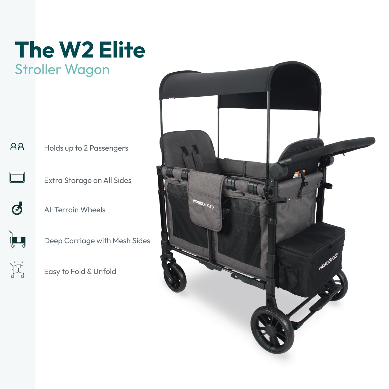 WONDERFOLD W2 Elite Double Stroller Wagon Featuring 2 High Seats with 5-Point Harnesses, Adjustable Push Handle, and Height Adjustable UV-Protection Canopy, W2 Elite Gray
