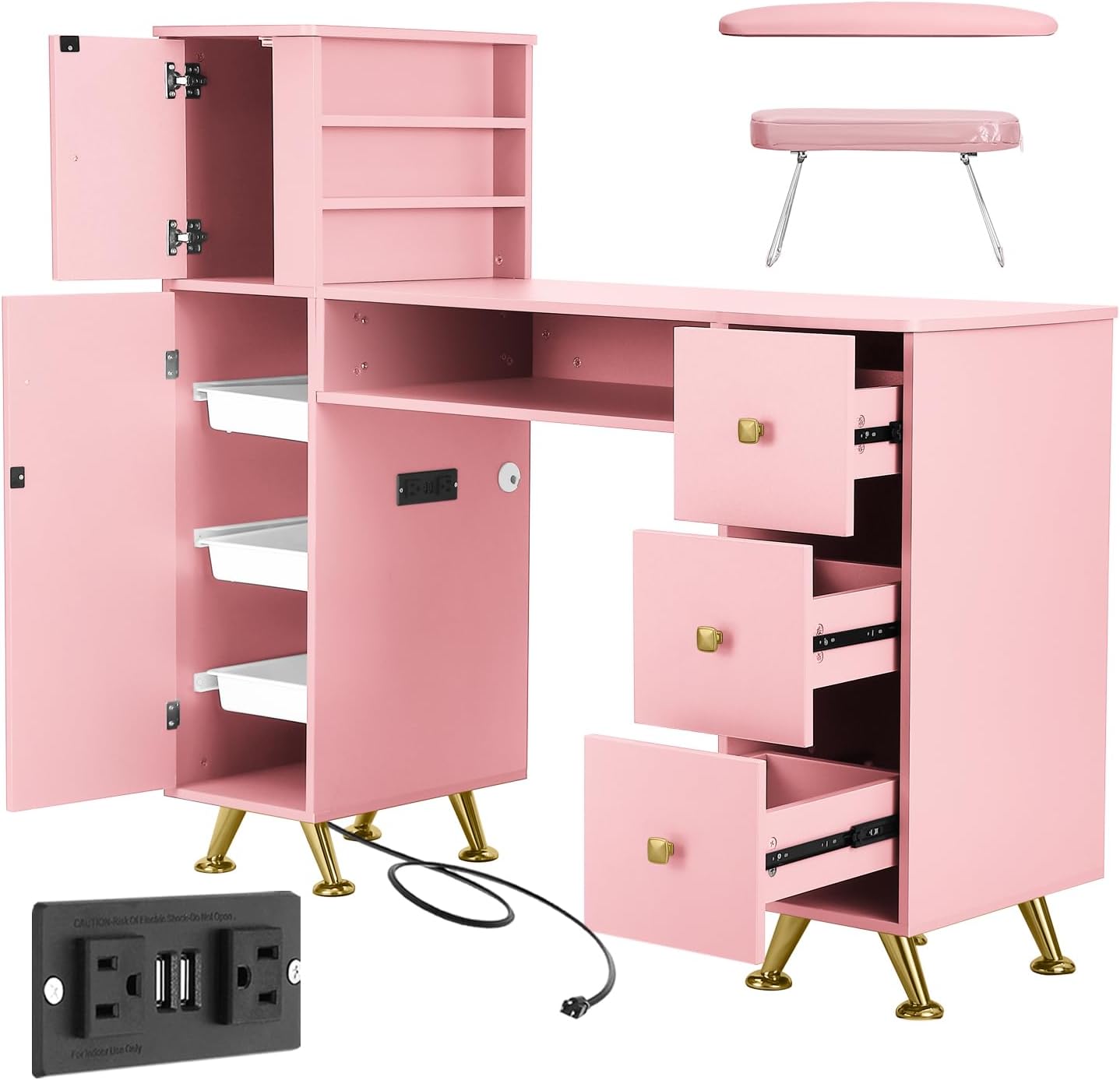 Pink Nail Table for Nail Tech, Nail Desk for Nail Tech, Manicure Table Nail Station for Makeup Beauty Spa Salon, w/2 Hand Rest, Pull-Out Storage Tray, 3-Tiers Shelves, Golden Legs