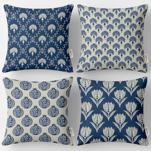 Vargottam Set of 4 16x16 Inch Pillow Covers - 100% Cotton, Decorative Block Print, Double-Sided Print with Concealed Zipper - Filler Not Included - Blue