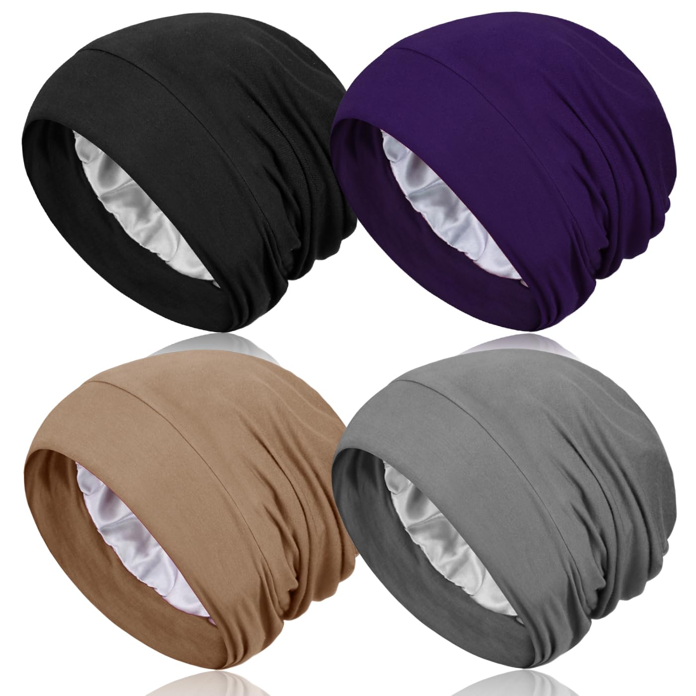 Heywhose Unisex Black+Navy+Grey+Khaki 4 Pieces Satin Lined Sleep Bonnet - Adjustable Sleeping Cap Slouchy Beanie Hat For Curly Hair, One Size