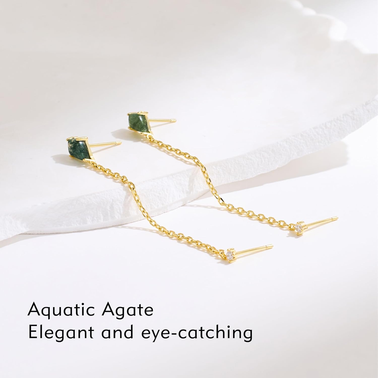 Chain Studs Earrings for Women Double Piercing 14K Gold Plated Chain Dangle Earrings Trendy Cubic Zirconia Aquatic Agate Earring Stacks Set for Multiple Piercing Fashion Gold Jewelry Gifts - Image 2