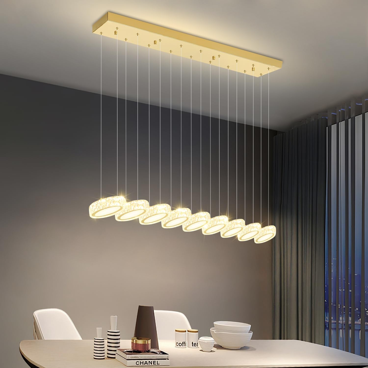 Rectangular Crystal Chandelier for Dining Room Pendant Chandelier for Kitchen Modern Linear Crystal Chandeliers Over Table Gold 9 Lights