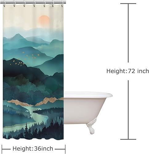 Miniatura 4 de RosieLily Cortina de ducha pequeña de 36 x 72 pulgadas, cortina de ducha con diseño de bosque y montaña, cortinas de ducha para baño, ganchos de