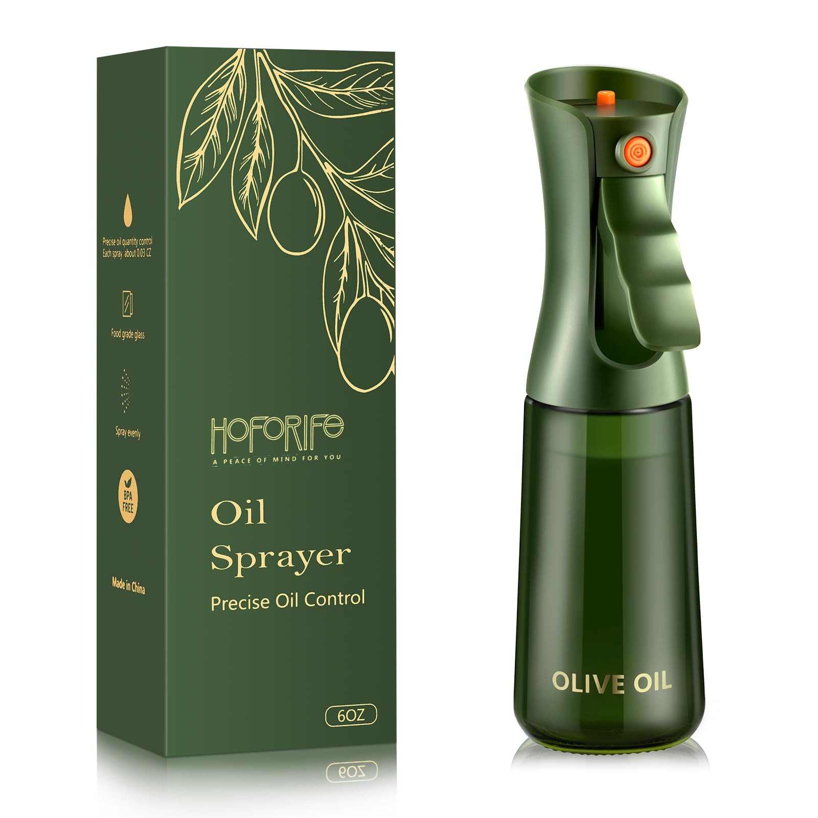 hoforife Glass Olive Oil Sprayer for Cooking, Oil Mister Continuous Cooking Spray with Portion Control for Kitchen (Olive Green, 226ml/7.7 oz)