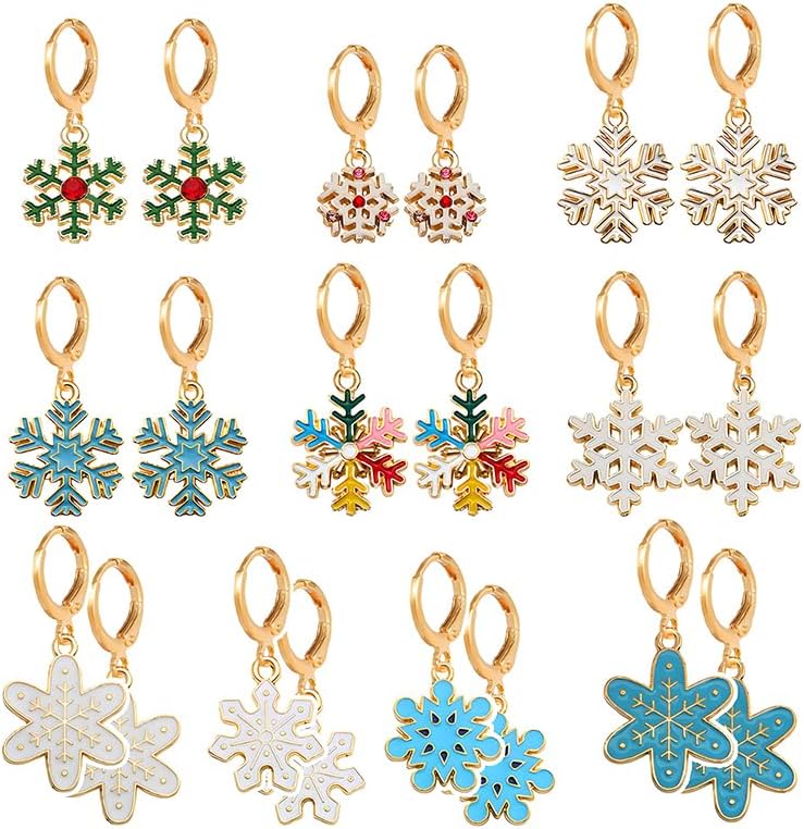 10 Pairs Christmas Snowflake Earrings Set for Women Silver and Gold Plated Festive Winter Dangle Earrings Glitter Enamel Crystal Xmas Jewelry Party Gifts