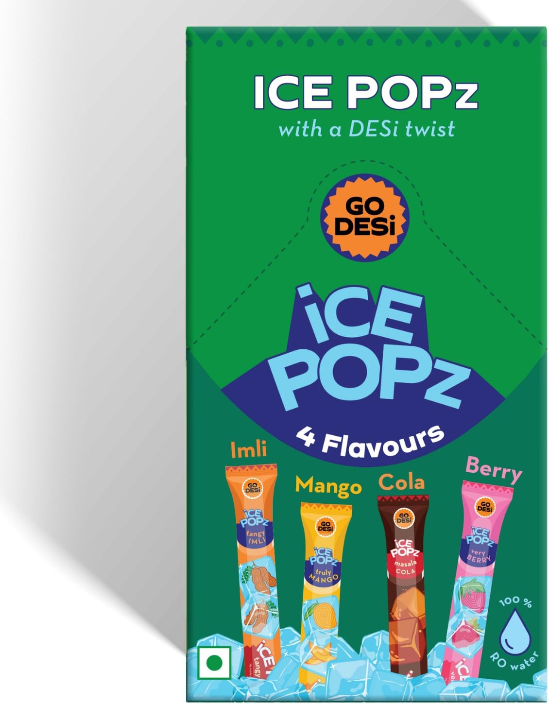 GO DESi ICE Popz: 10-Pack Assorted 4 Flavours Fruit Ice Popsicles | Ice Pops (35ml Each) - Masala Cola, Mango, Very Berry, Tangy Imli Flavors