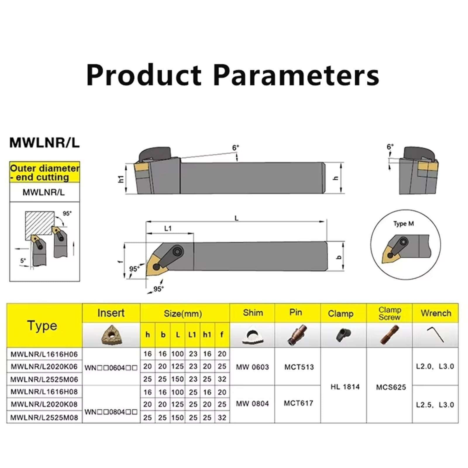 MWLNR1616H08 MWLNR2020K08 MWLNR2525M08 Set di portautensili per tornitura OD con bloccaggio rigido per inserti WNMG08 Acciaio inossidabile Utensili Per Tornio(No inserts,MWLNL1616H08 (L))
