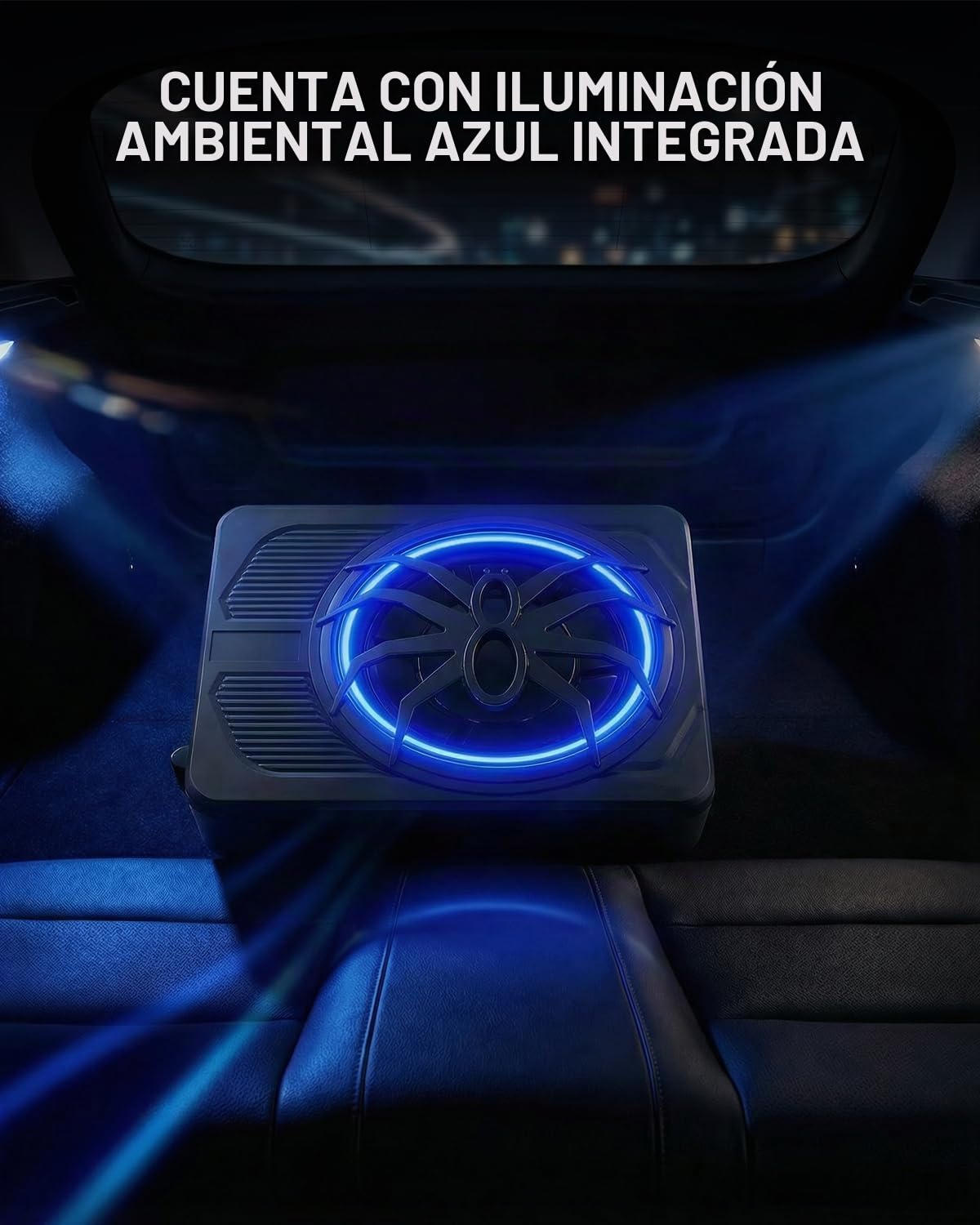 Subwoofer Activo para vehículos, diseñado para colocarse Debajo del Asiento, 1000 W de Potencia máxima, Controlador de 10 Pulgadas, con iluminación Ambiental Azul, con Amplificador Integrado.
