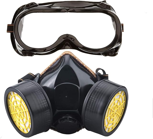 Dricar Gas Masks, Reusable Masks Respirators Industrial Chemical Face Protector Anti-Dust Mask with 2 Filters and Safety Goggles for Painting, Particulate, Machine Polishing, Welding (Black)