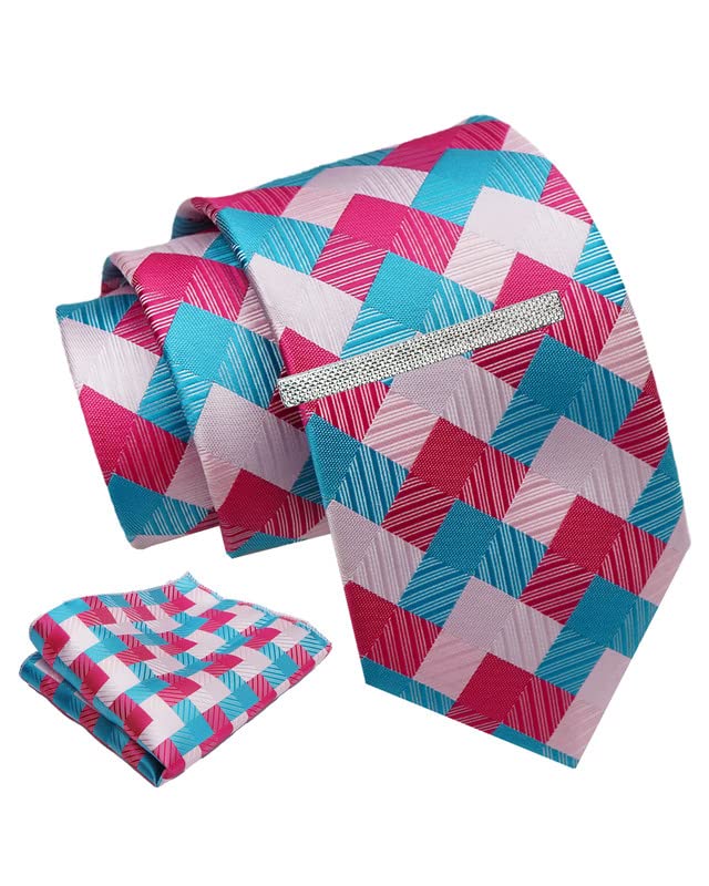 Pink Geometric Checkered Tie For Men – Formal Ties Set With Pocket Square & Tie Pin Clip For Mens, Silk Neckties Gift Sets For Men’s (AXNW46)-image-0