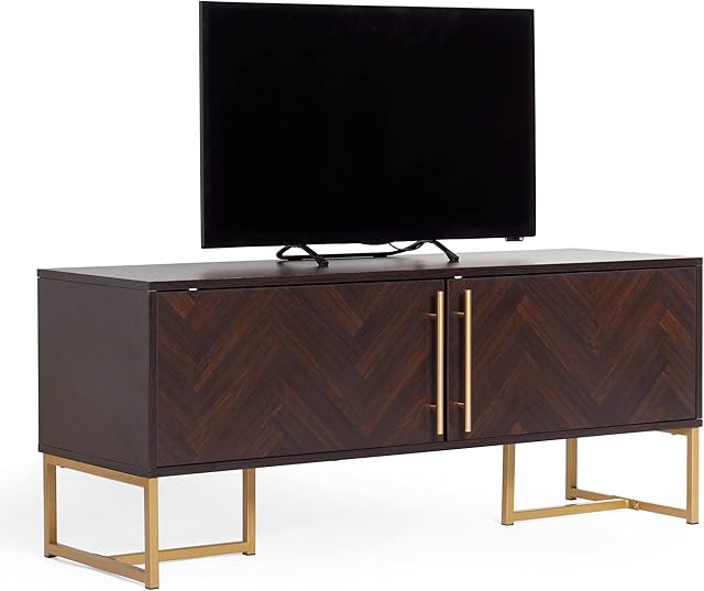 Spinningfield TV Unit Parquet Design - TV Cabinet w/Dark Wood Walnut Veneer - For TV's up to 55" - Luxury Large 2 Door TV Entertainment Unit w/Gold Legs & Handles - 50kg Capacity - For Living Room