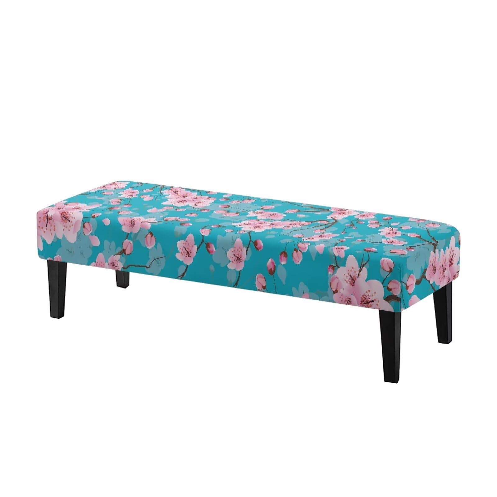 Batyqompu Bench Seat Covers Breathable Stretch Anti-Dust Rectangle Bench Seat Protector Cover for Living Room, Bedroom, Kitchen, Dining Room, Cherry Blossom Blue