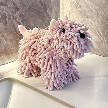 Chenille Hand Towel - Cute Cartoon Dog Plush Fuzzy Ball Hand Towel, Super Absorbent Hanging Kitchen & Bathroom Towels for Kids, Soft Hand Drying Puff for Bath, Washstand Pink